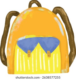 Cute hand drawn orange brown blue yellow school bag kids doodle crayon watercolor illustration stationery. back to school element sticker clipart vector