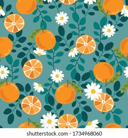 Cute Hand Drawn Orange Fruit And Slice On Green Background Seamless Pattern