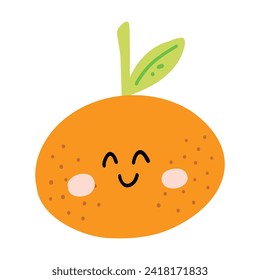 Cute hand drawn orange smiling. Kawaii funny fruit character for kids.