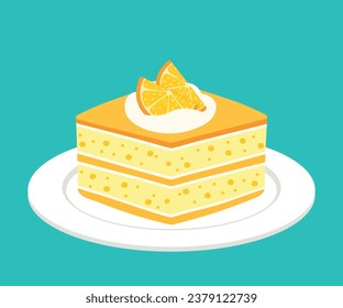 Cute hand drawn Orange Tangerine Cake Piece on white plate with fruits topping pastry sweet food dessert cartoon vector illustration isolated on white background for birthday party