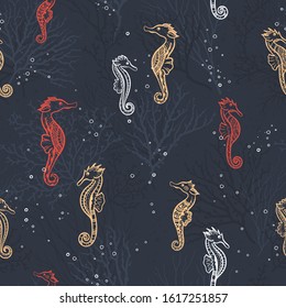 Cute hand drawn ornate sea horses seamless pattern, underwater theme background, great for fabrics, banners, wallpapers, wrapping - vector design