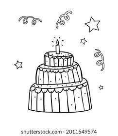 Torta dibujada a mano para los niños coloreando el libro. Caricatura de diseño del doodle de la tarta de cumpleaños para el libro de colorear. Página de coloreado de esquema en blanco y negro.