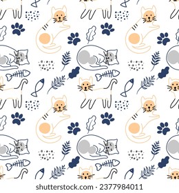 Cute hand drawn of outline cat. Vector illustration seamless pattern.