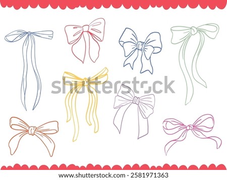 Cute hand drawn outline doodle set of bows and ribbons. Line art bows, girly coquette aesthetic in colors of pink, red, blue, yellow. Vector design element for cards, invites, posters etc.
