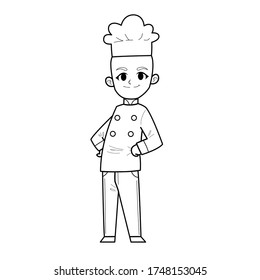 Cute Hand Drawn Outline or Line Drawing of Smiling Happy Young Man Chef Wearing Uniform With Bald Head. Suitable For Coloring Book, Children Book, Mascot, Character. Cartoon Illustration. Doodle.