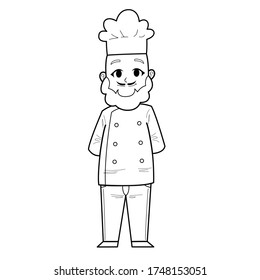 Cute Hand Drawn Outline or Line Drawing of Smiling Happy Young Man Chef Wearing Uniform With Bald Head and Beard. Suitable For Coloring Children Book, Mascot, Character. Cartoon Illustration. Doodle.