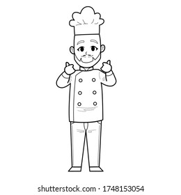 Cute Hand Drawn Outline or Line Drawing of Smiling Happy Young Man Chef Wearing Uniform With Bald Head and Beard. Suitable For Coloring Children Book, Mascot, Character. Cartoon Illustration. Doodle.