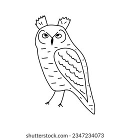 Búho dibujado a mano con líneas puras. Pájaro forestal. Perfecto para camisetas, ropa, tarjetas, afiches, decoración de guardería. Ilustración vectorial