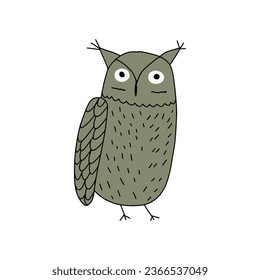 Búho dibujado a mano con líneas puras. Pájaro forestal. Perfecto para camisetas, ropa, tarjetas, afiches, decoración de guardería. Ilustración vectorial