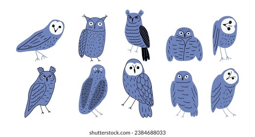 Cute hand drawn outlined owls. Forest birds. Perfect for t-shirt, apparel, cards, poster, nursery decoration. Vector Illustration