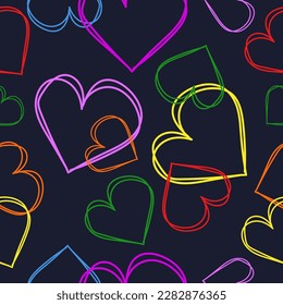 Cute Hand Drawn outlines Hearts Seamless Vector Pattern. Bright colours Hearts Isolated on a blue Background. Modern Style Romantic Print for Fabric, Textile, Valentines.