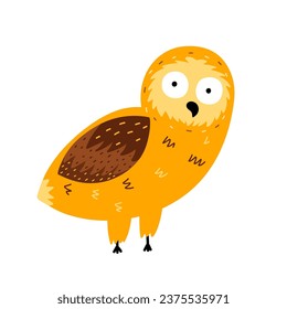 Cute hand drawn owl character in cartoon style. Funny bird isolated on white background. Doodle owl print for kids and nursery design. Vector illustration