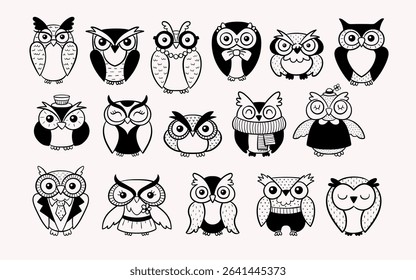 Cute hand drawn owl character design collection, perfect for sticker design, prints and crafting projects. A total of 16 different owls. Vector illustration.