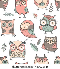 Cute, hand drawn owl pattern, vector watercolor illustrations