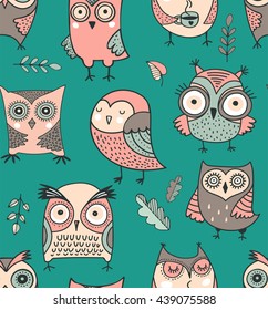 Cute, hand drawn owl pattern, vector watercolor illustrations