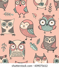 Cute, hand drawn owl pattern, vector watercolor illustrations