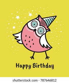 Cute hand drawn owl with quote. Happy birthday. Greeting card