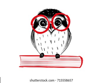 Cute Hand Drawn Owl With Red Glass Sitting On Book - Vector Illustration