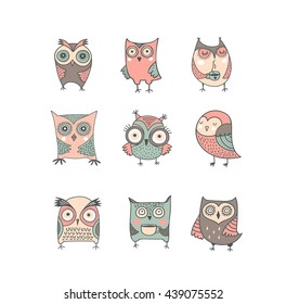 Cute, hand drawn owl vector watercolor illustrations