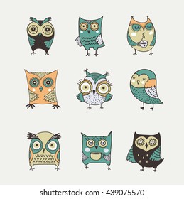 Cute, hand drawn owl vector watercolor illustrations