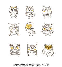 Cute, hand drawn owl vector watercolor illustrations