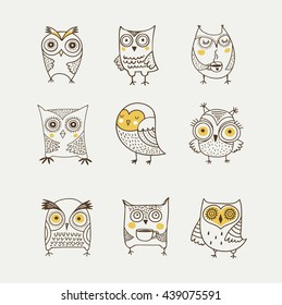 Cute, hand drawn owl vector watercolor illustrations