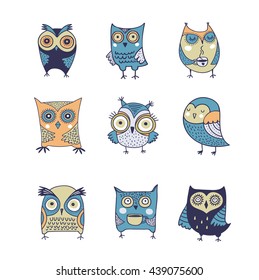 Cute, hand drawn owl vector watercolor illustrations