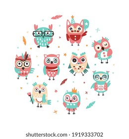 Cute Hand Drawn Owlets in Circular Shape Banner Template, Cover, Poster, Invitation Card, Flyer Design with Funny Colorful Owls Cartoon Vector Illustration