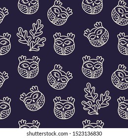 Cute hand drawn owls and leaves. Simple seamless vector pattern. For fabric, wrapping paper, backdrop, wallpaper, bag template, print