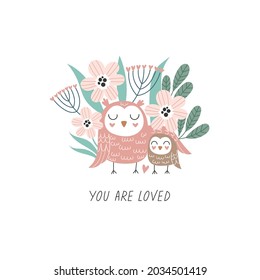 Cute hand drawn owls. Mom and baby with floral background. Cartoon vector illustration for print