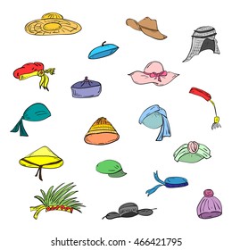 Cute Hand Drawn Painted Hats.Doodle Style National hats. Perfect for print. Vector Illustration.