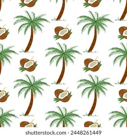 Lindo dibujo a mano de palmera y coco sin patrón. Ilustración vectorial plana aislada sobre fondo blanco. Dibujo de garabatos.