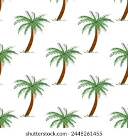 Nette Hand gezeichnete Palme nahtlose Muster. Flache Vektorillustration isoliert auf weißem Hintergrund. Doodle Zeichnen.