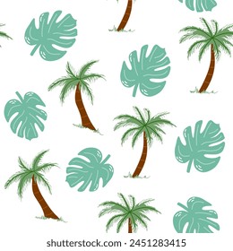 Nette handgezeichnete Palme und tropische Blatt nahtlose Muster. Flache Vektorillustration isoliert auf weißem Hintergrund. Doodle Zeichnen.