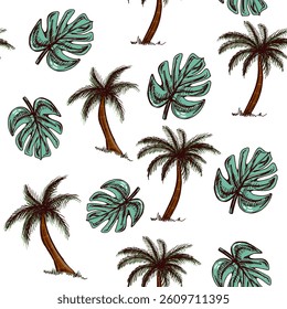 Cute hand drawn palm tree and tropical leaf seamless pattern. Flat vector illustration isolated on white background. Doodle drawing.