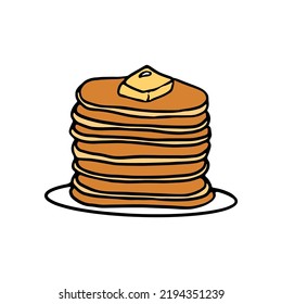 Cute Hand Drawn Pancakes On A Plate. Color Image Of Pancakes In Flat Design. Dessert Badge. Vector Illustration.