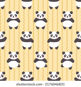 Cute hand drawn panda bear different pose on a zigzag texture with pastel yellow background seamless pattern, kids woodland animals wrapping paper, fabric and textile print