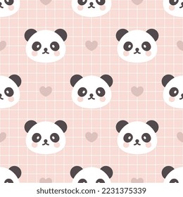 Cute hand drawn panda bear on a pastel pink grid background with kawaii brown heart, kids woodland animals fashion seamless pattern for wrapping paper, fabric and textile