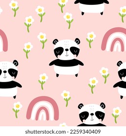 Cute hand drawn panda bear bright pastel pink forest with rainbows and flowers, kids for girl seamless repeat