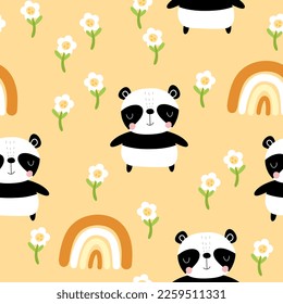 Panda dibujado a mano con un brillante bosque naranja cálido con arcos de lluvia y flores, niños para niñas y niños neutros repetidos sin costura