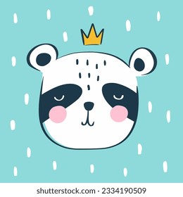 cute hand drawn panda bear face on a mint dashed background in scandinavian style, kids card design or textile print