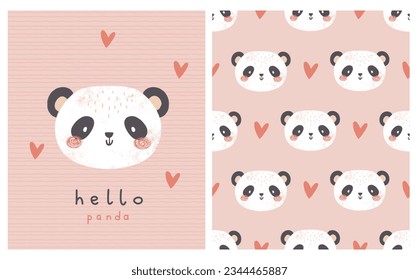 cute hand drawn panda bear, vector card and seamless pattern background, kids pink decorative greeting illustration with cute red hearts and hello word