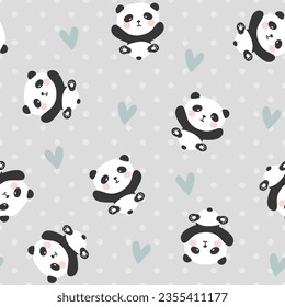 oso panda dibujado a mano lindo sobre un fondo de textura de puntos polka gris, niños lindo patrón sin costura para tela e impresión textil