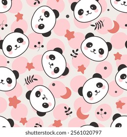 Cute hand drawn panda bear face with botanical elements, leaves and dots, red stars, moon. Kids seamless pattern background with baby animals.