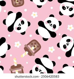 Osos de panda dibujados a mano lindos con el café de la burbuja en un color rosa pastel con las flores, fondo inconsútil femenino suave del patrón