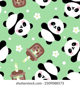 Osos de panda dibujados a mano lindos con el café de la burbuja en un verde pastel con las flores, fondo inconsútil del modelo