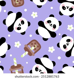 Osos de panda dibujados a mano lindos con el café de la burbuja en un color púrpura pastel con las flores, fondo suave del patrón inconsútil femenino