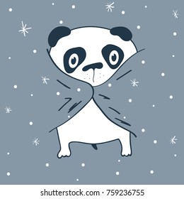 cute hand drawn panda. Winter background