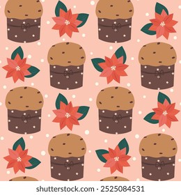 Cute hand drawn Panettone traditional italian Christmas cake seamless vector pattern background illustration with snowflakes and poinsettia flowers