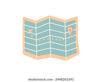 Cute hand drawn paper map. Flat vector illustration isolated on white background. Doodle drawing.